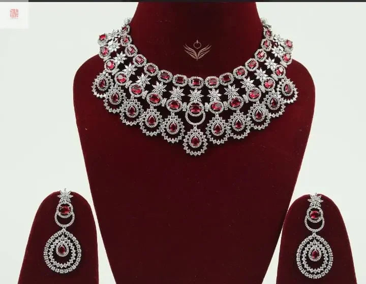 4 Layer American Diamond Red Rubies Jewellery Set Supermacchi