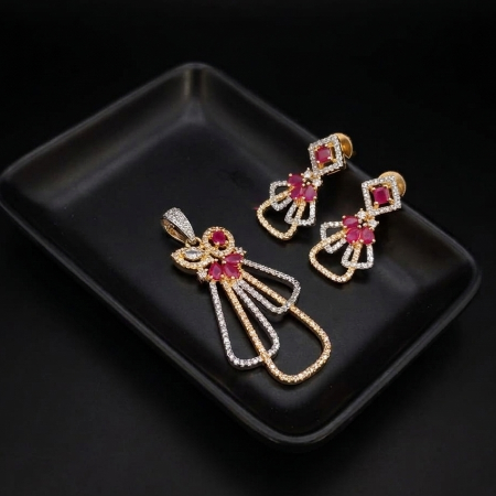 american Diamond Earrings and Pendant Set with Pink Stones