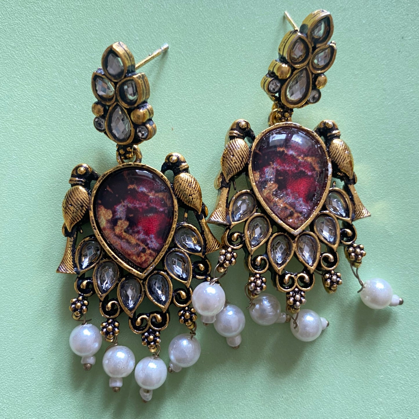 Antique Bird Motif Pearl Drop Earrings