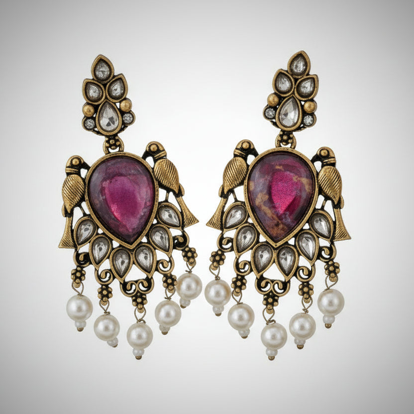 Antique Bird Motif Pearl Drop Earrings