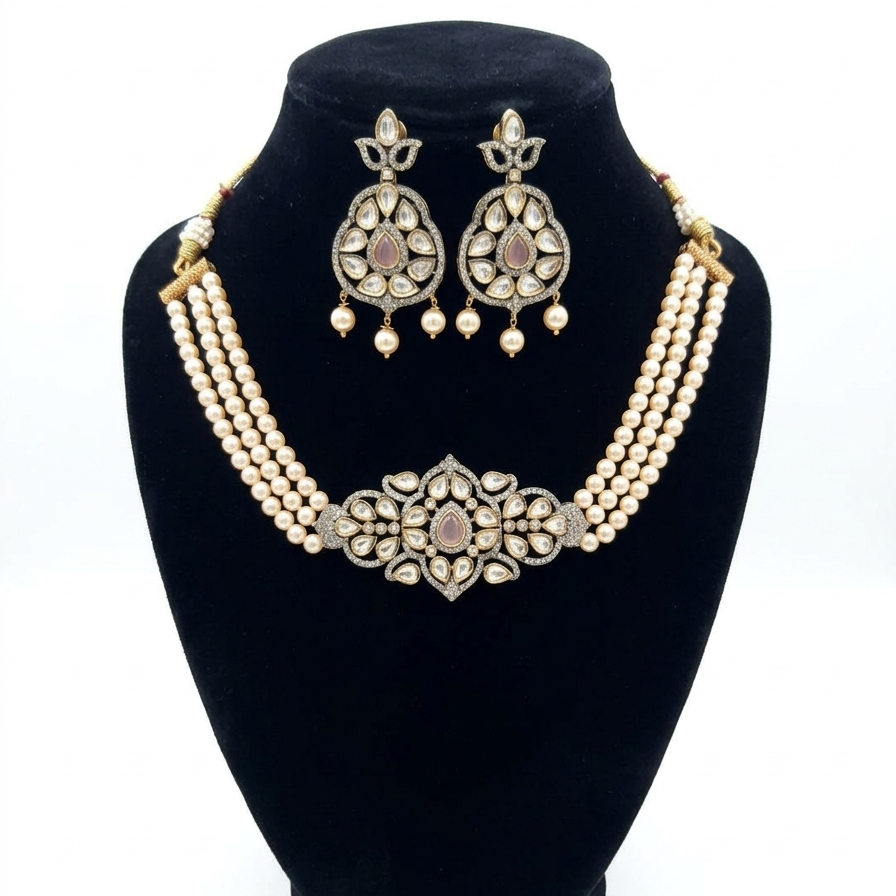 Baby Pink Moissanite Pearl Choker Set for Women
