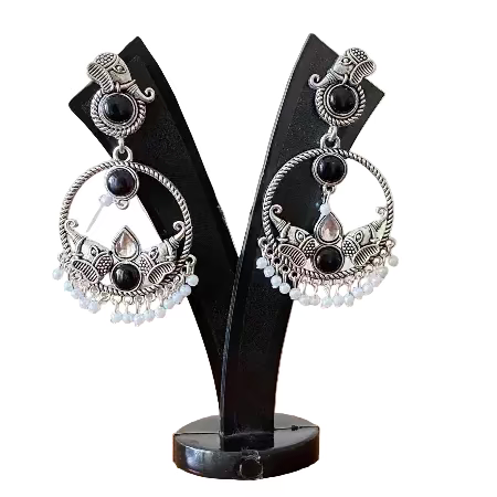 Black Stones Elephant Theme Oxidised Earrings