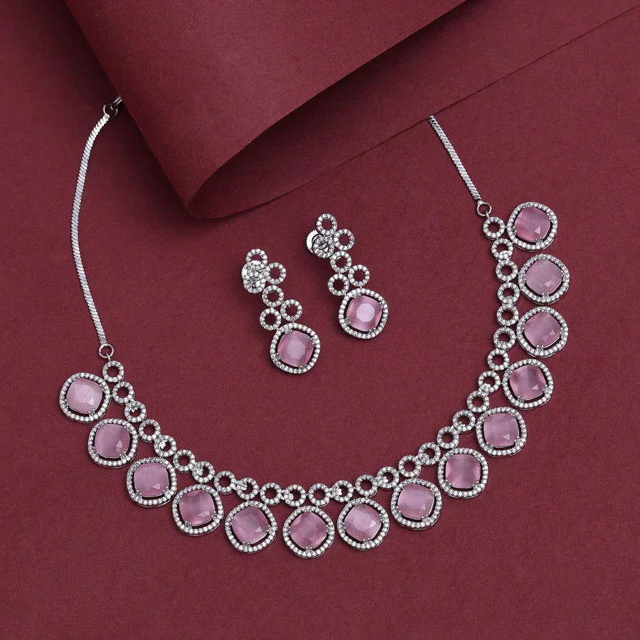 Pink Color American Diamond Necklace Set Supermacchi