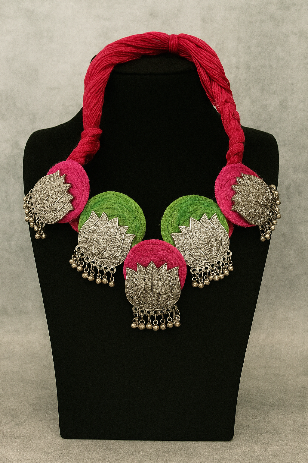 Green and Pink Fabric Lotus Oxidised Jewellery