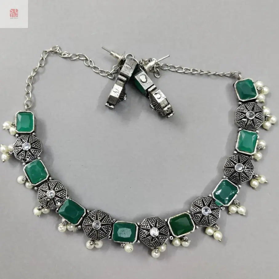 Dark Green Colour German Silver Choker Set