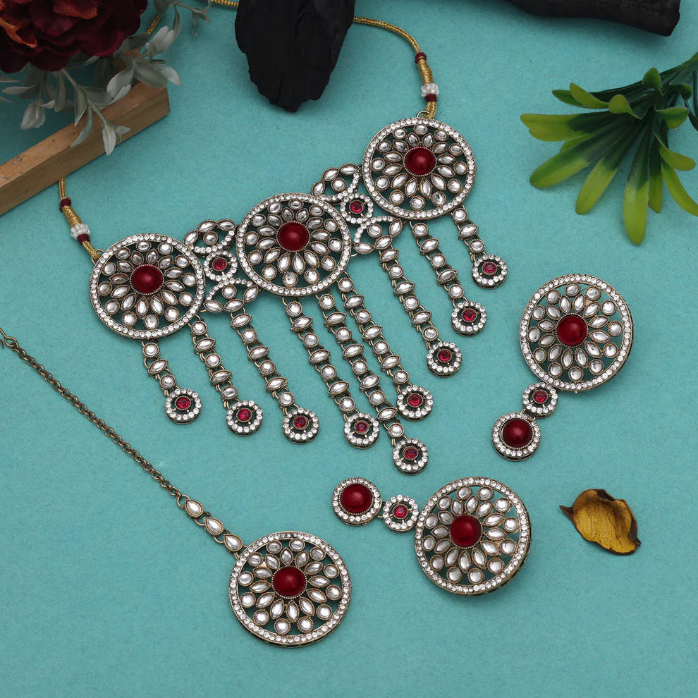 Dark Pink Choker Kundan Necklace Set