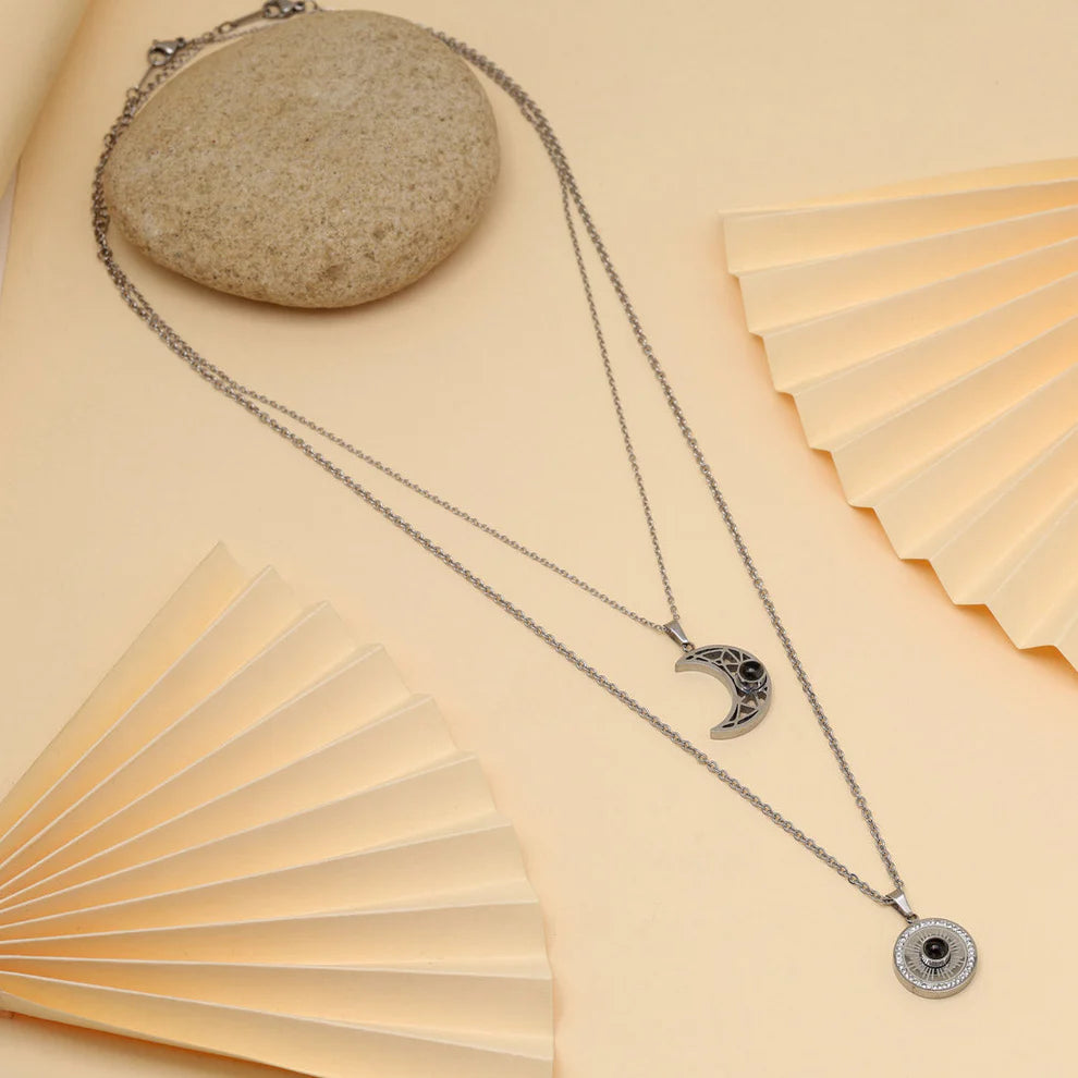 Double Layer Silver Plated Demi Fine Chain and Half Moon and Sun Pendants