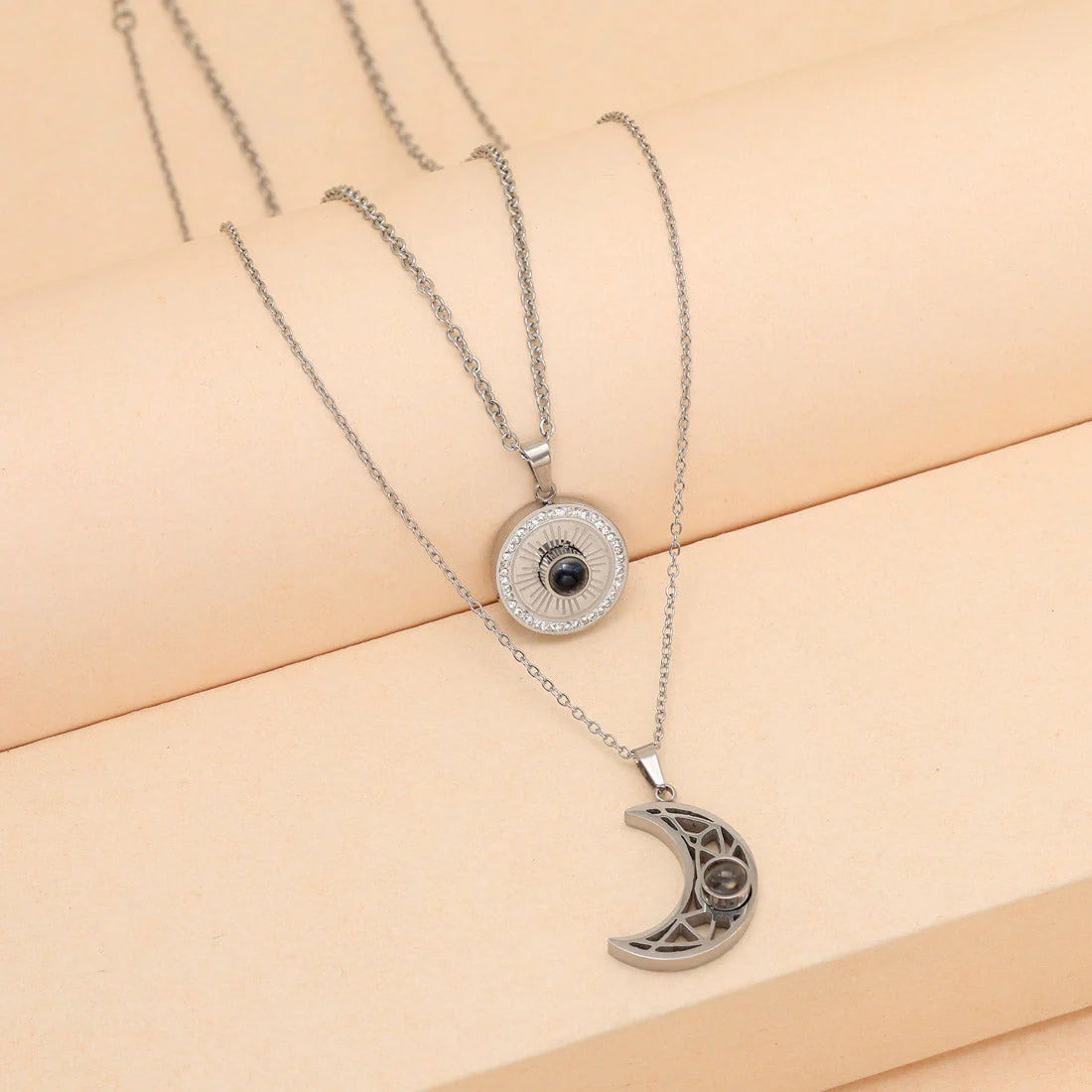 Double Layer Silver Plated Demi Fine Chain and Half Moon and Sun Pendants