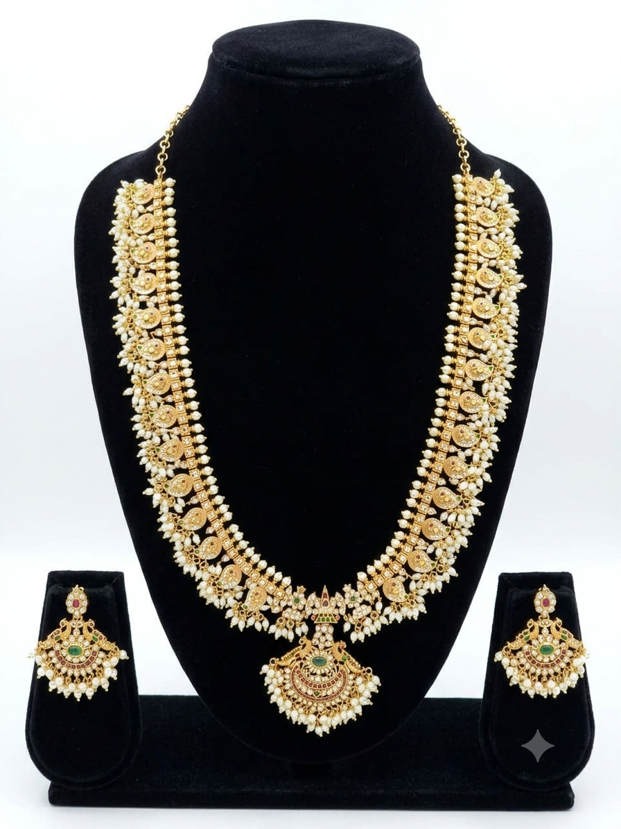 Heavy Guthapusalu Mango Gold Look-Alike Haram with Matching Earrings for Women | Premium South Indian Bridal Jewellery | Super Macchi
