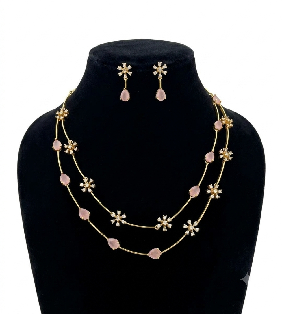 Baby Pink Cute Designer 2 Layer Necklace Set for Women