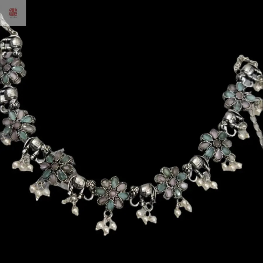 German Silver Elephant and Flower choker Set