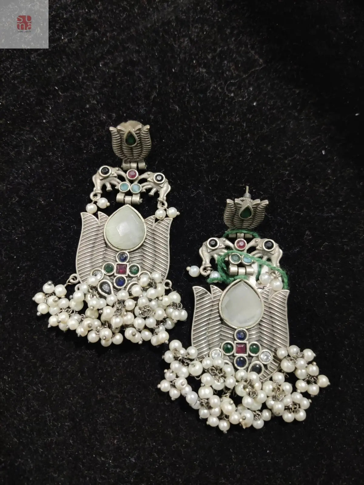 German Silver Pearl and Stone Earrings Supermacchi Jewellery Collections