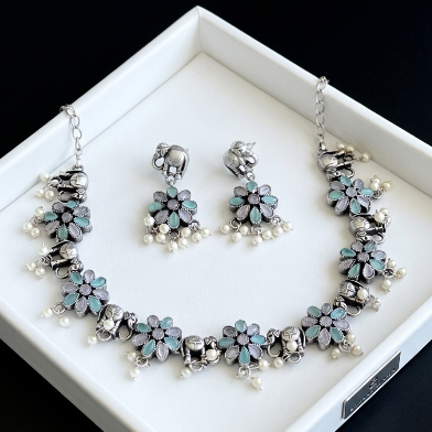 German Silver Elephant and Flower choker Set