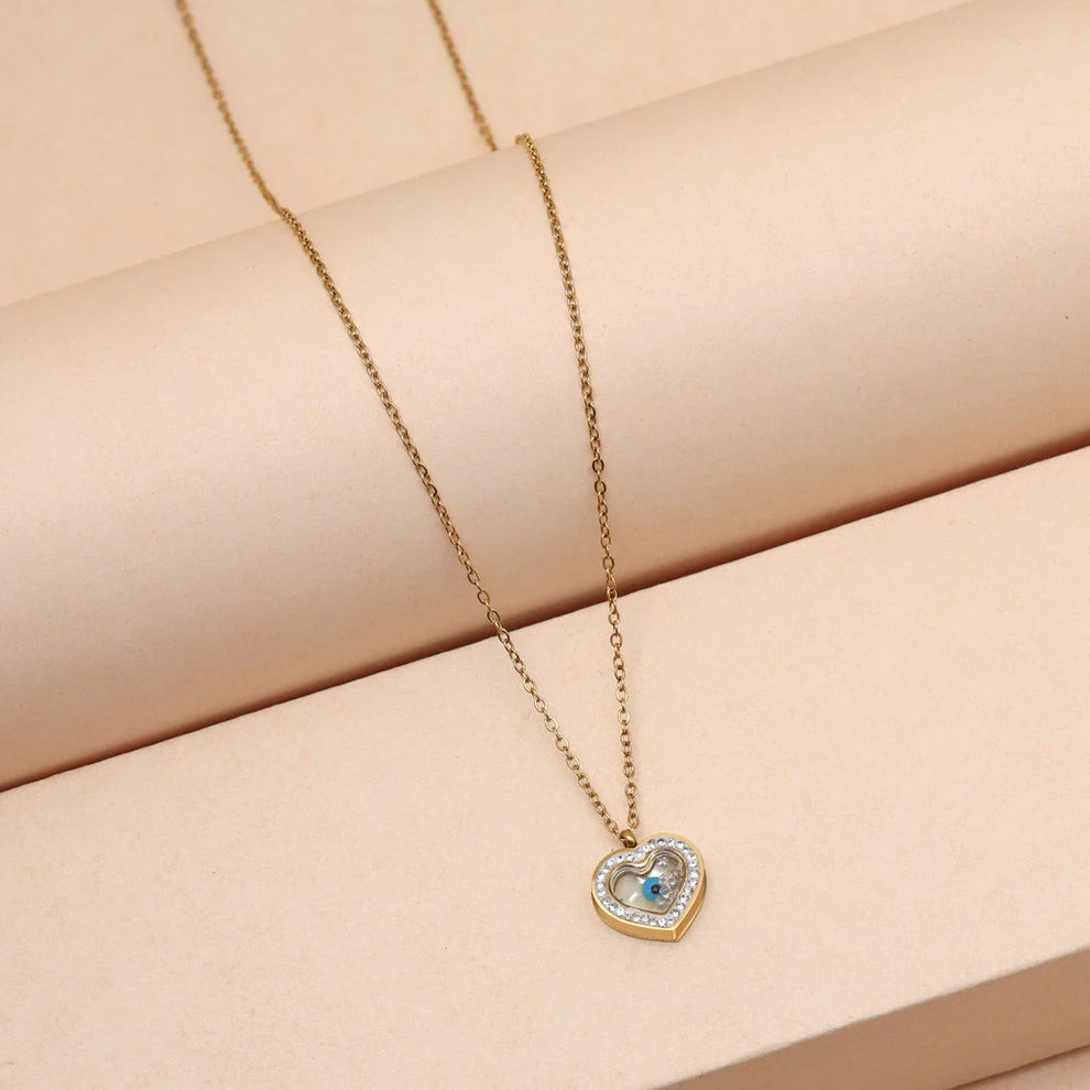 Gold Plated Demi Fine Chain and Heart Shape Evil Eye Pendant