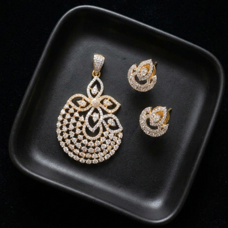 Gold Look Alike American Diamond Earrings and Pendant Set