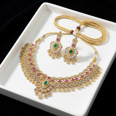 Gold Look Alike Designer Jewellery Set with CZ Rubies and Pearls