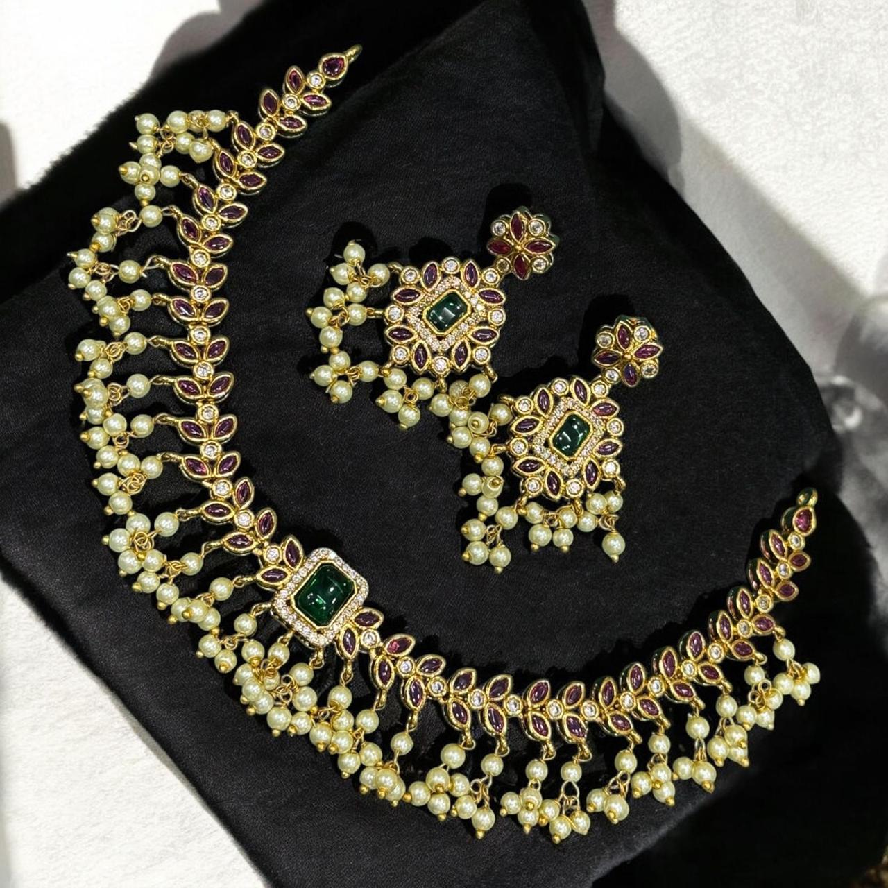 Gold Look Alike Guthapusalu Short Necklace Set
