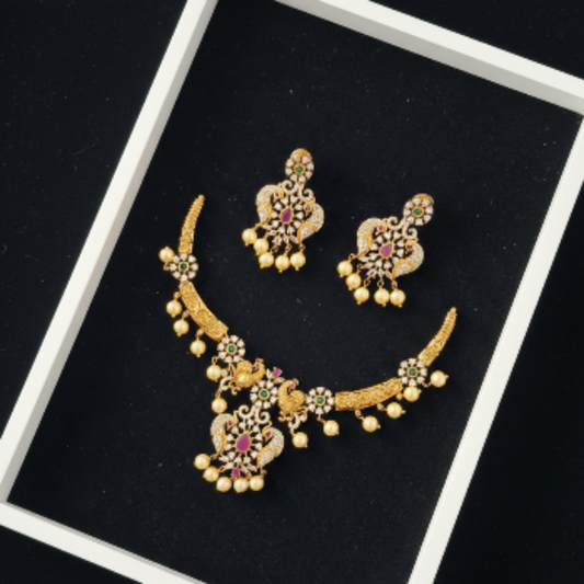 Gold Look Alike Peacock Theme Kanti Necklace Set