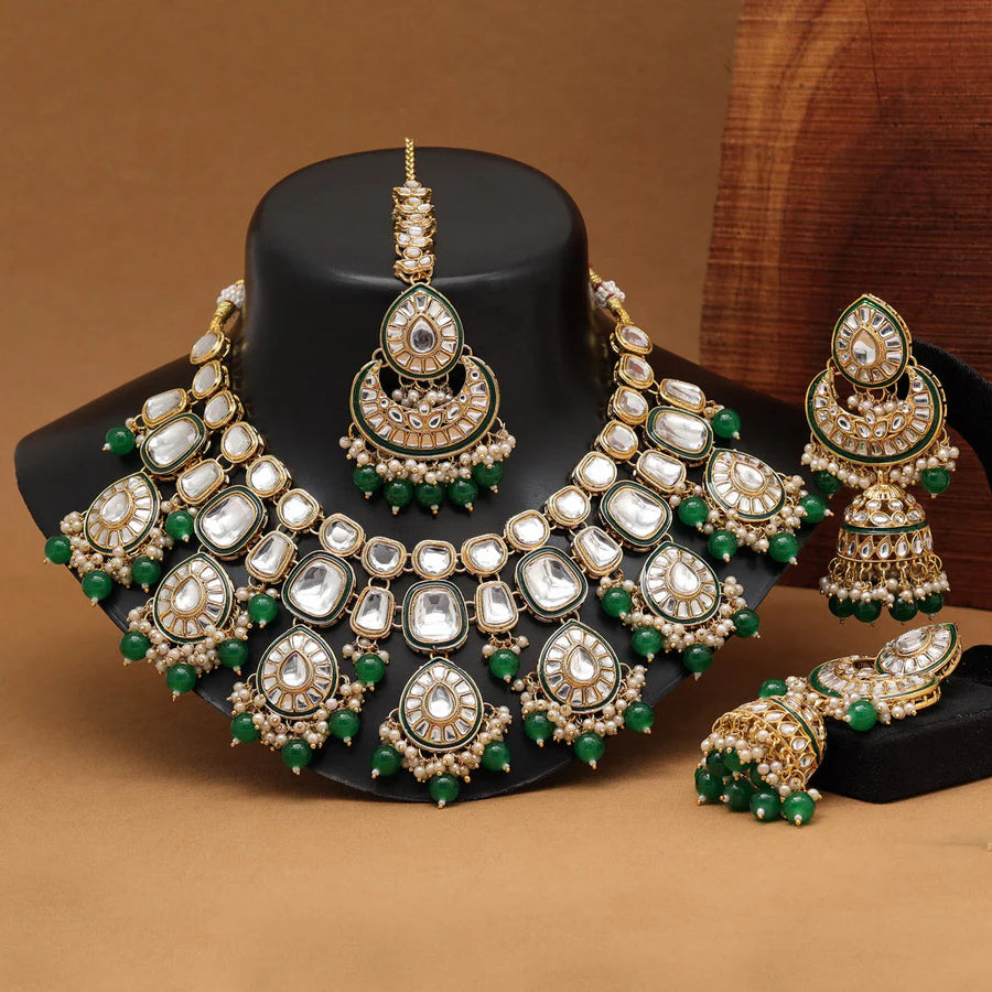 Heavy Green Color Kundan Necklace Set - Supermacchi Jewellery Collections