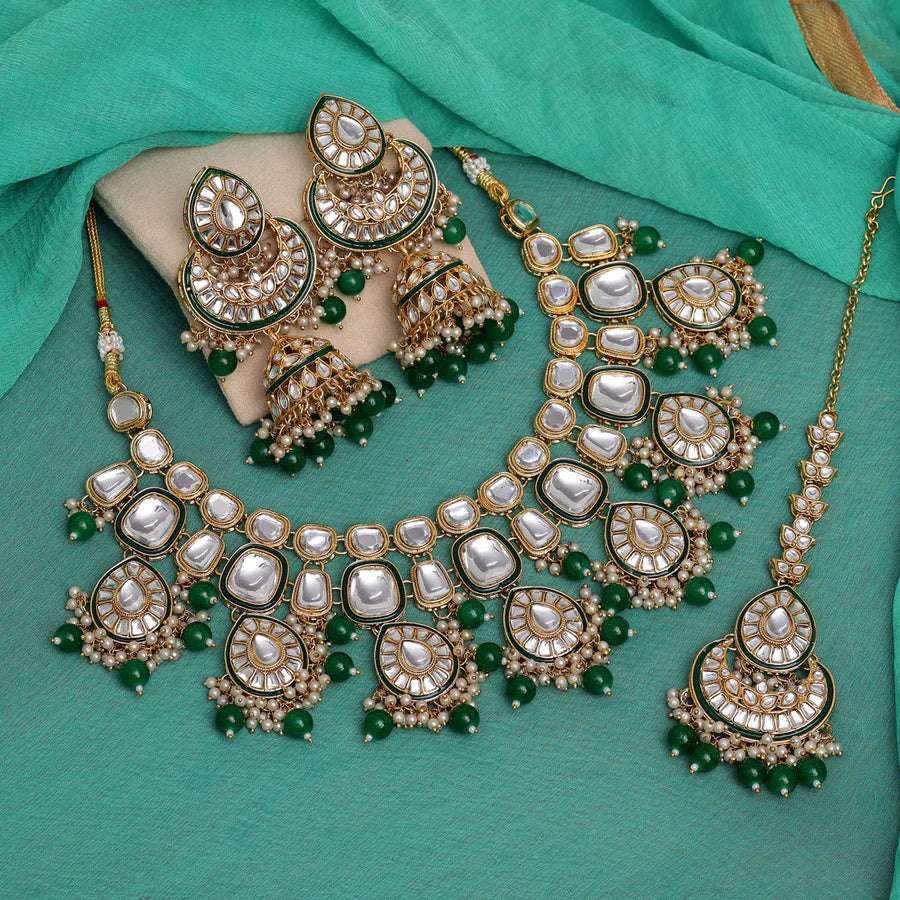 Heavy Green Color Kundan Necklace Set - Supermacchi Jewellery Collections