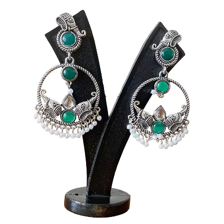 Green Stones Elephant Theme Hoop Oxidised Earrings