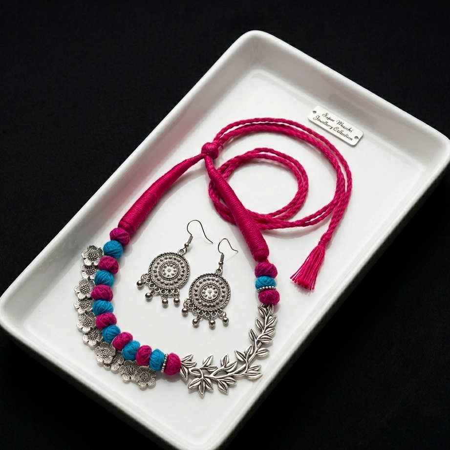Handcrafted Silver Floral Choker Necklace Set with Pink and Blue Thread Beads
