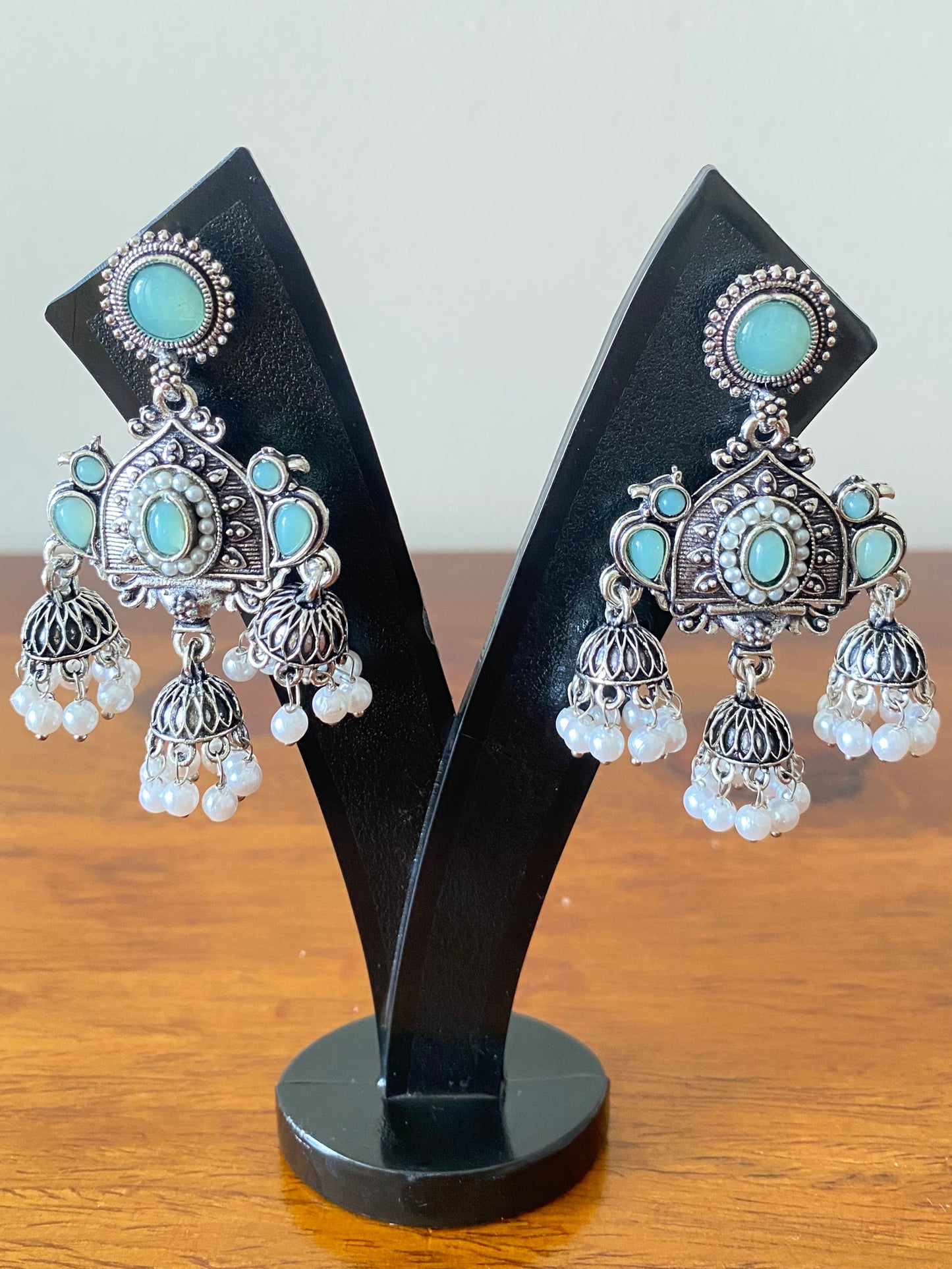 Turquoise Stone Oxidized Silver Jhumka Earrings