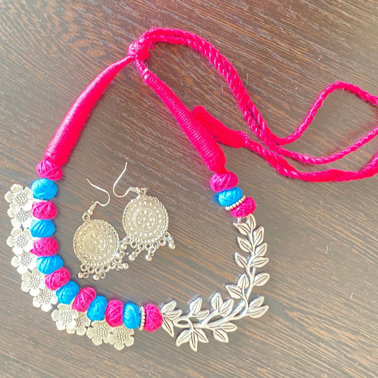 Handcrafted Silver Floral Choker Necklace Set with Pink and Blue Thread Beads
