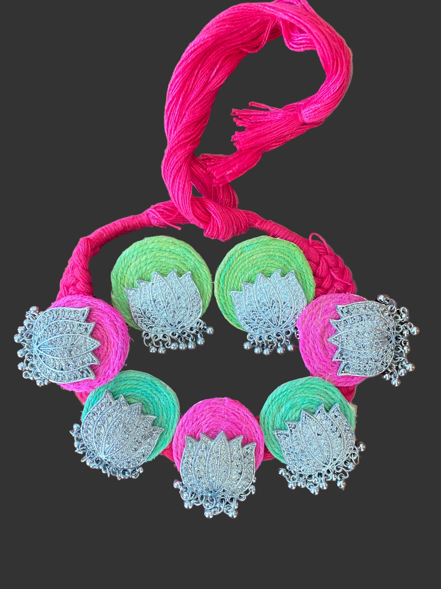 Green and Pink Fabric Lotus Oxidised Jewellery