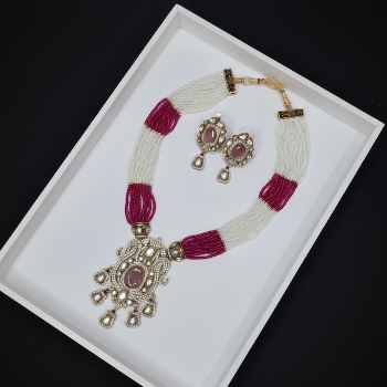 Jazzberry Pink and White Layered American Diamond Necklace Set