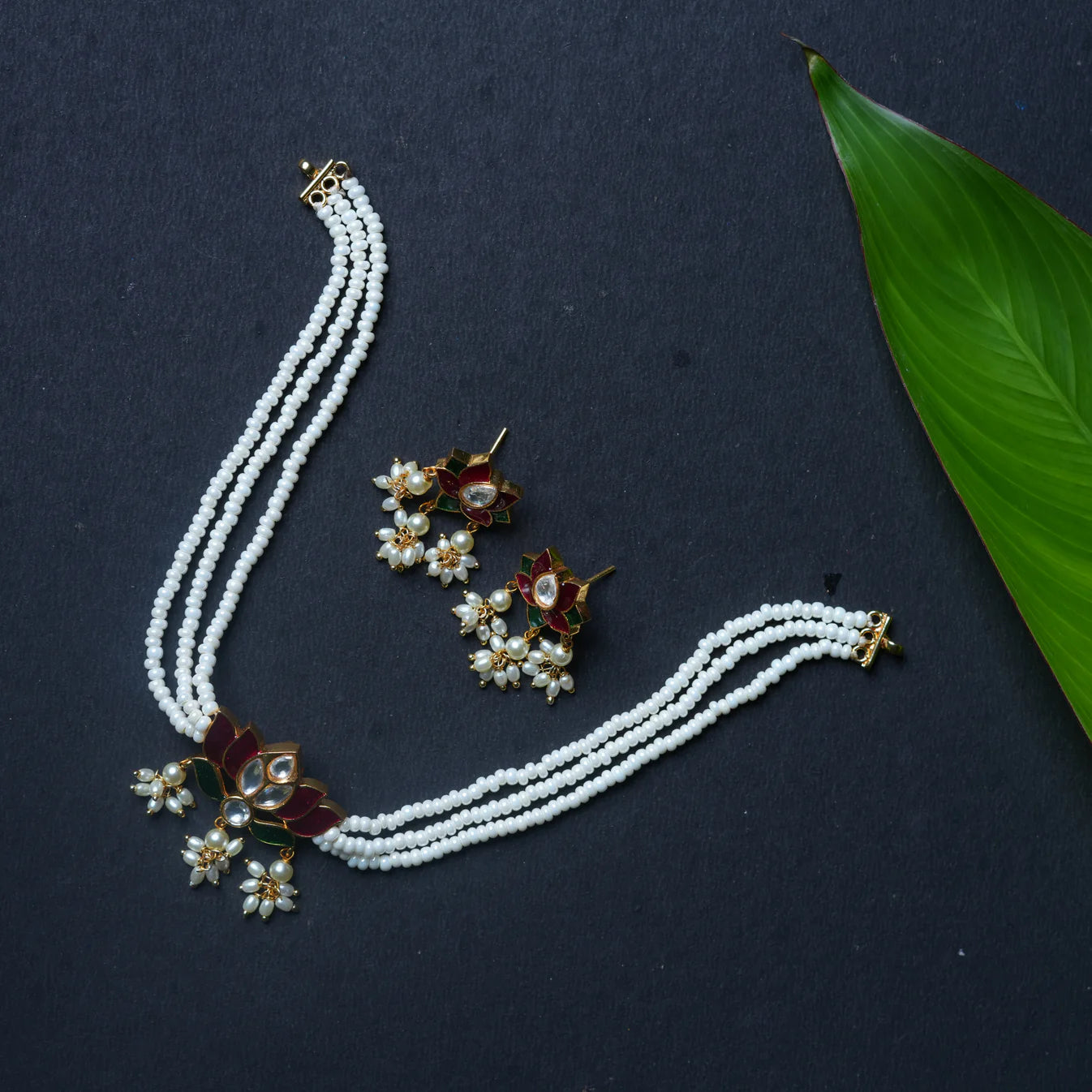 Kundan-Studded and White Beaded Necklace & Earrings Set