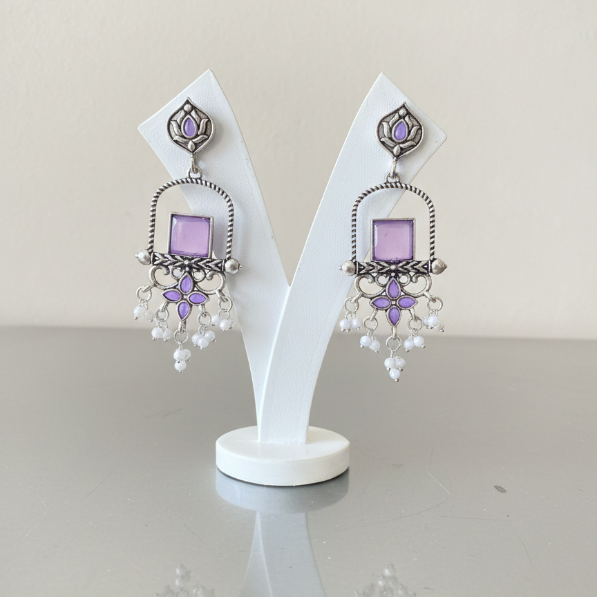 Lavender Stone Oxidised Silver Dangler Earrings with Pearl Drops