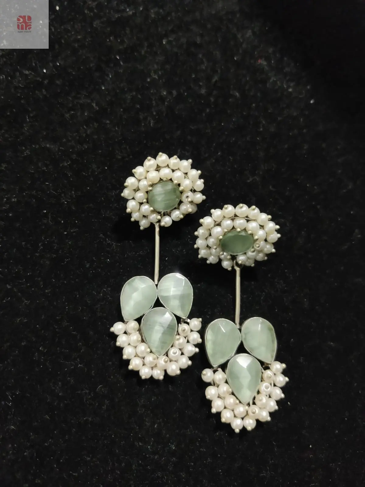Light Green Unique German Silver Pearl drops Earrings Supermacchi Jewellery Collections