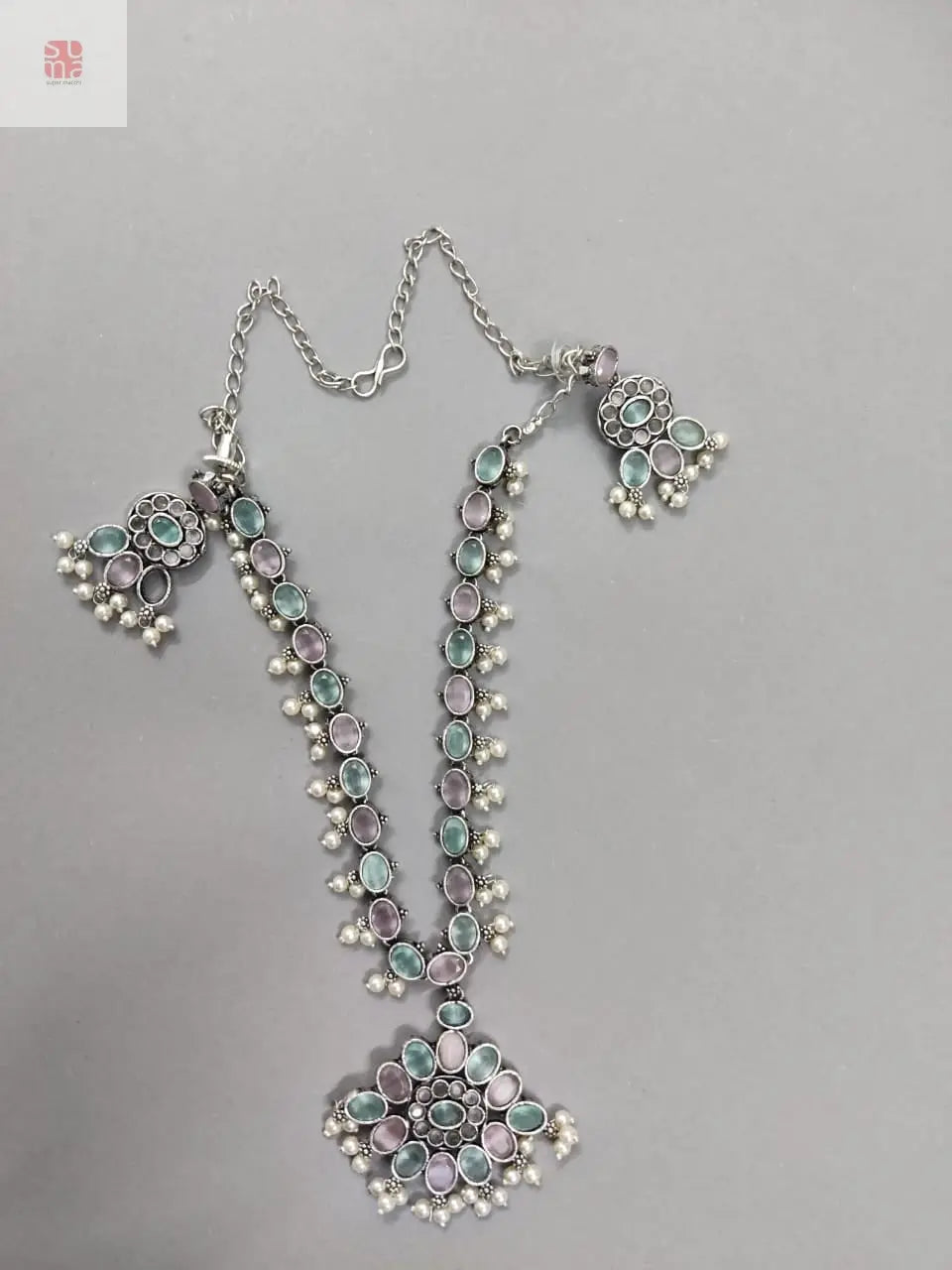 Light Pista and Pink German Silver Necklace Set