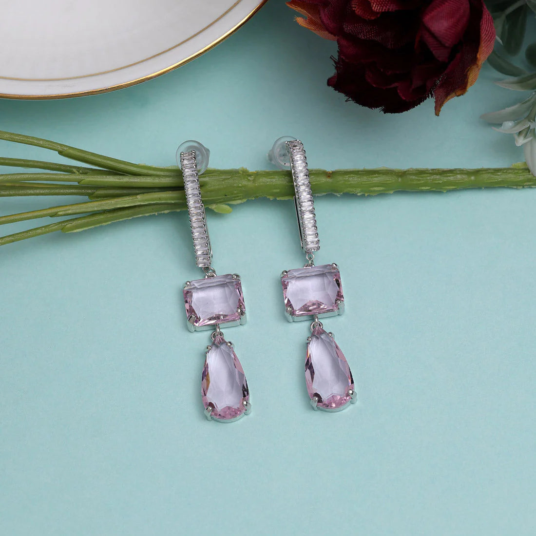 Light Pink Color American Diamond Earrings
