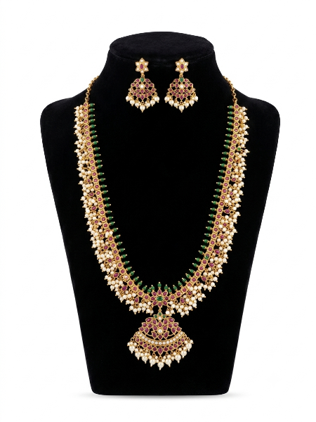 Long Guttapusalu Gold Look-Alike Haram with Matching Earrings for Women | Premium South Indian Bridal Jewellery | Super Macchi