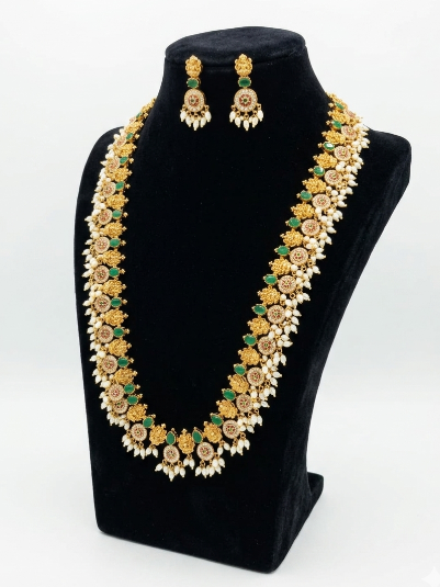 Long Lakshmi Devi Bottu Mala Necklace Set with Guthapusalu for Women