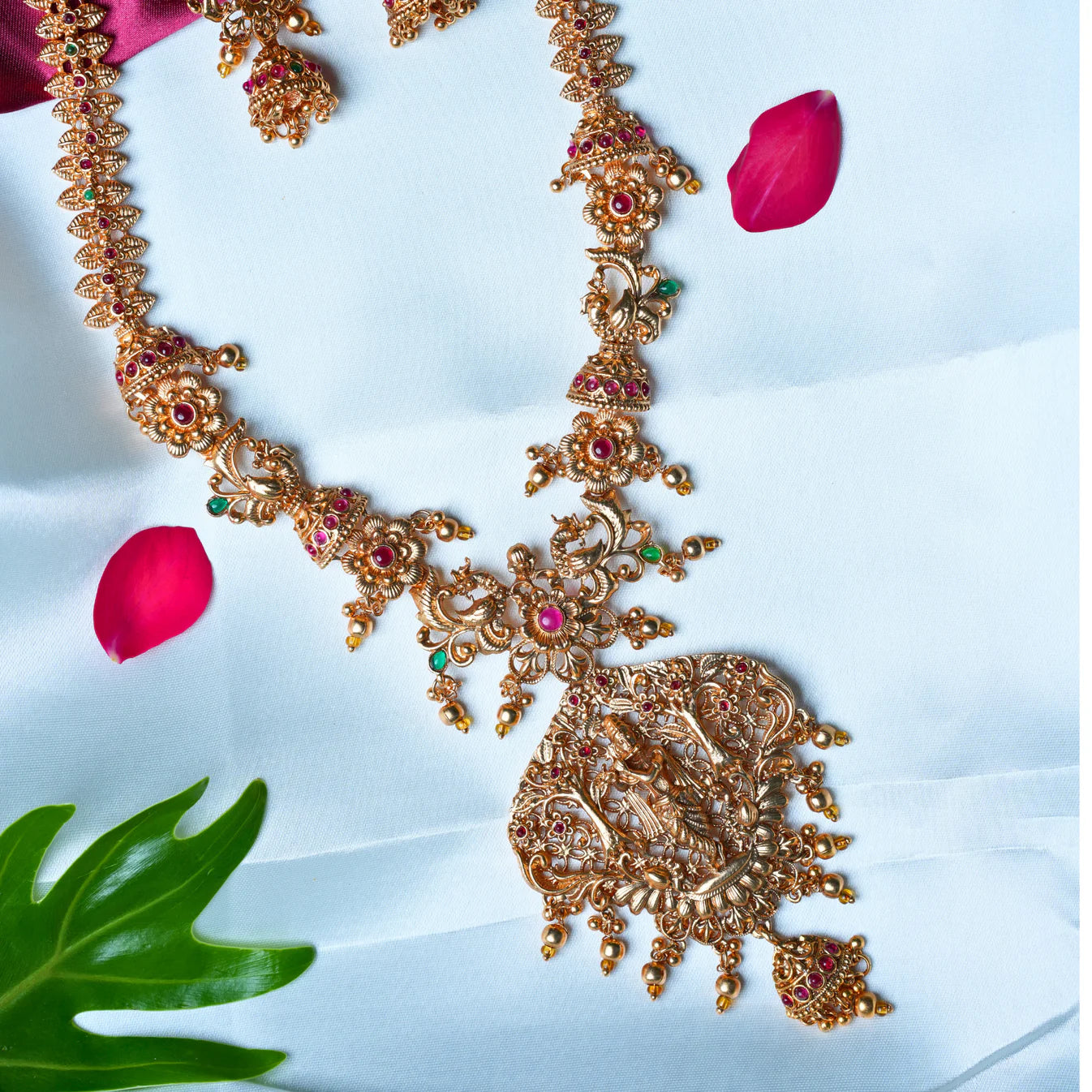 Lord Krishna-Inspired Antique Gold-Alike Long Haram with Gold-Colored Pearls