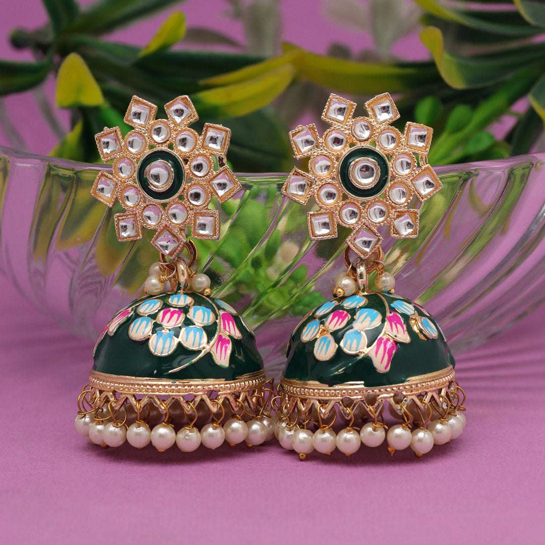 Green Color Meenakari Earrings Supermacchi