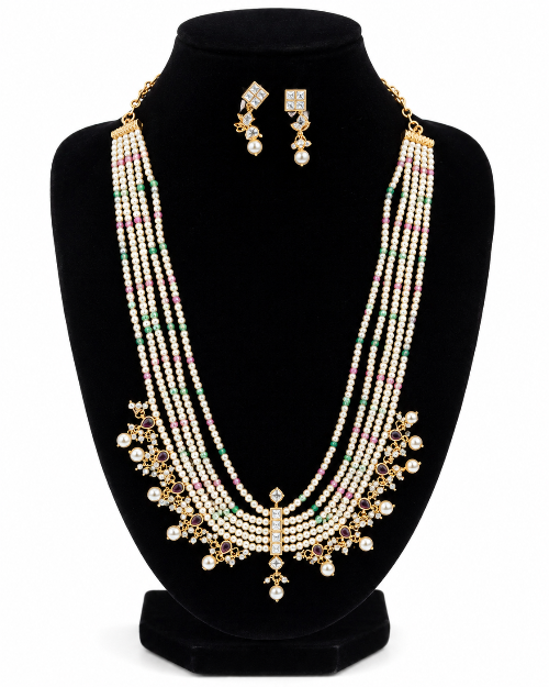 Multi Color 5 Layered Guthapusalu Necklace with Rice Pearls | South Indian Beaded Jewellery | Super Macchi