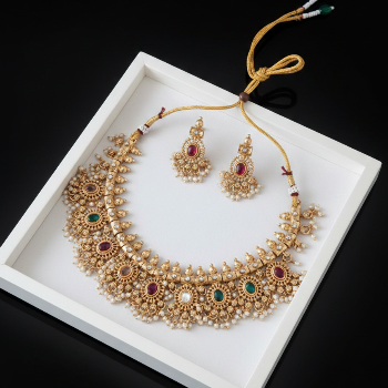 Multi Color Pota Stone Pearl drops Necklace Set