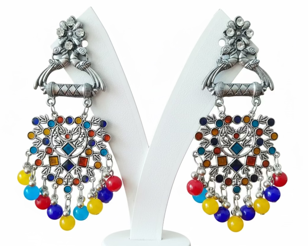 Multi Colour Beaded Peacock Oxidised Earrings