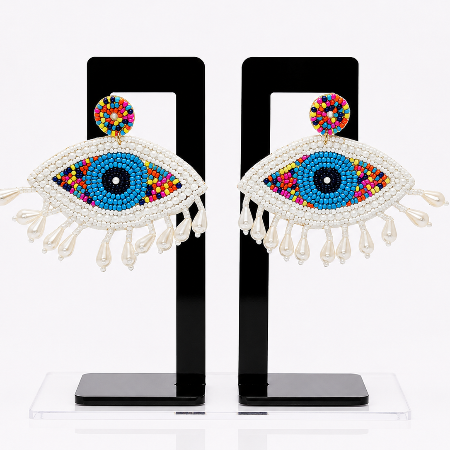 Multicolour Beaded Evil Eye Fringe Earrings