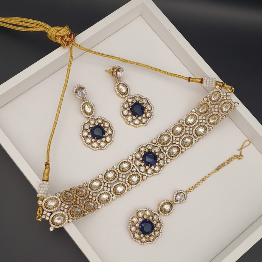 Navy Blue Stone American Diamond Choker Set