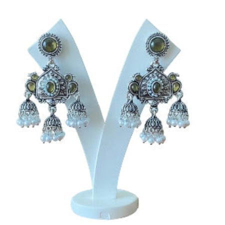 Olive Color Stone Oxidised Silver Jhumka Earrings