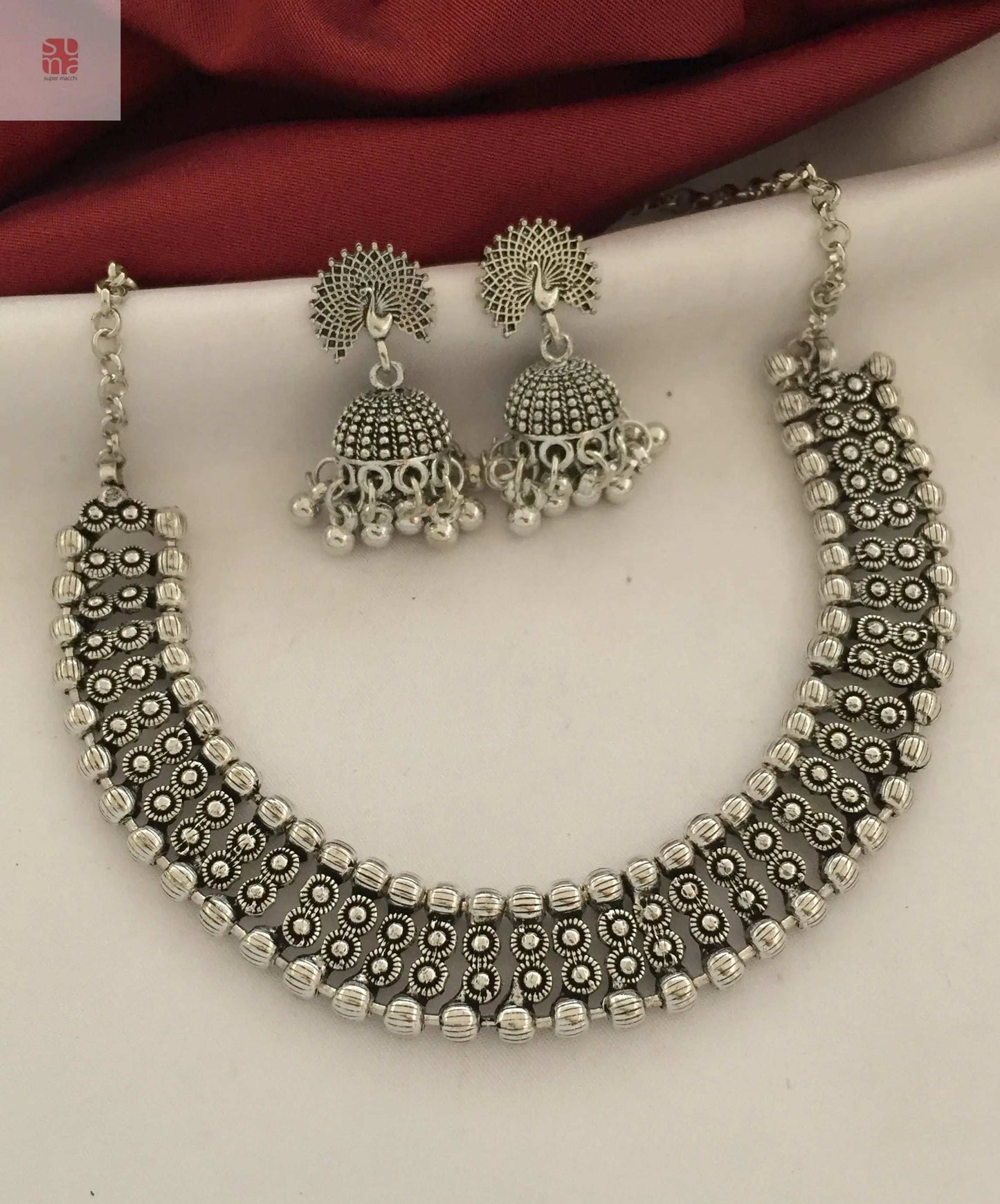 Oxidised Silver plated Necklace with Jhumka - Oxy Jewels - Supermacchi