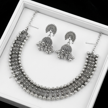 Oxidised Silver Plated Necklace With Jhumka 