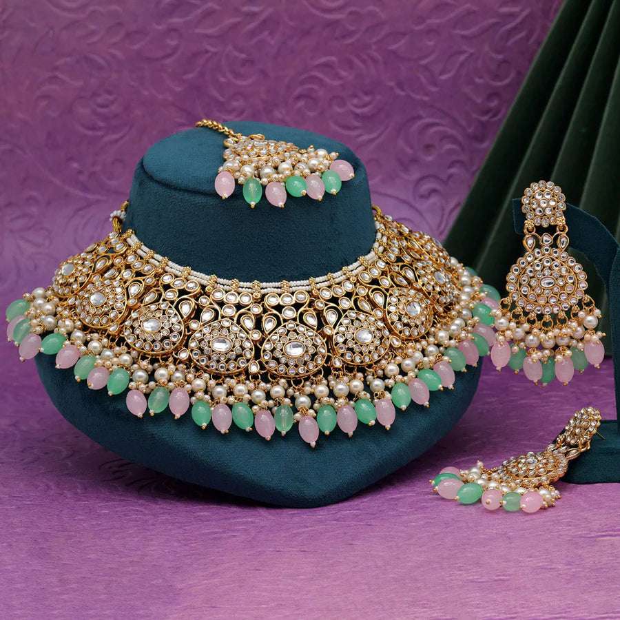 Parrot Green with Pink Color Kundan and beaded Necklace Set - Supermacchi Jewellery Collections