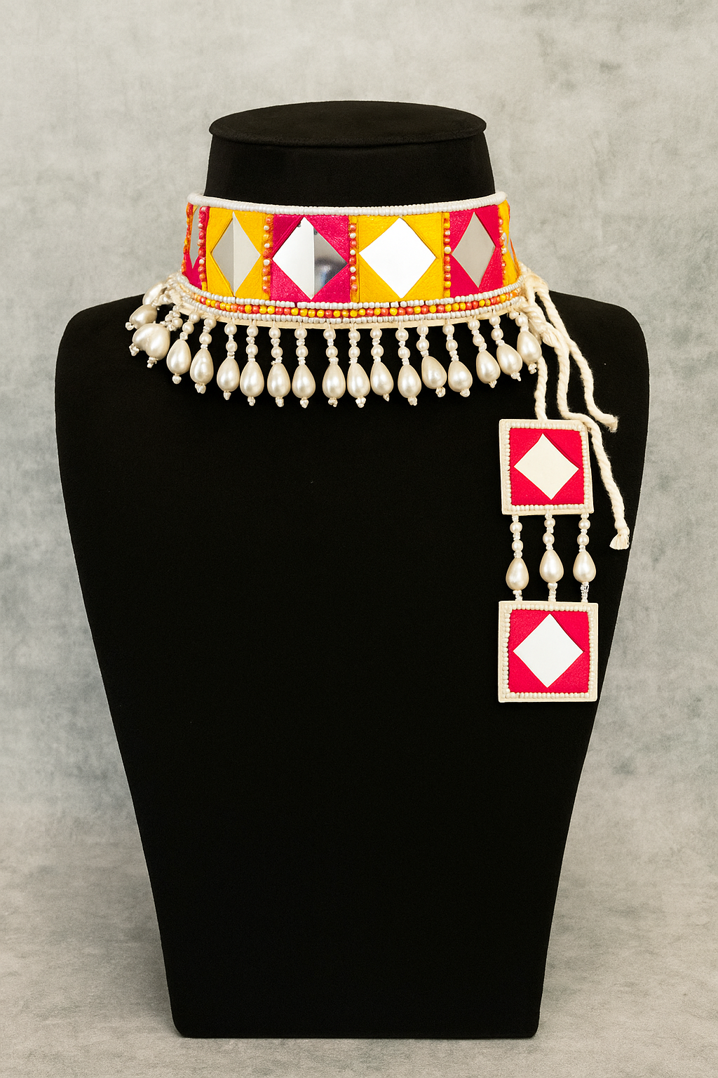 Pink and Yellow Mirror Work Necklace Set – Super Macchi Jewellery Collections