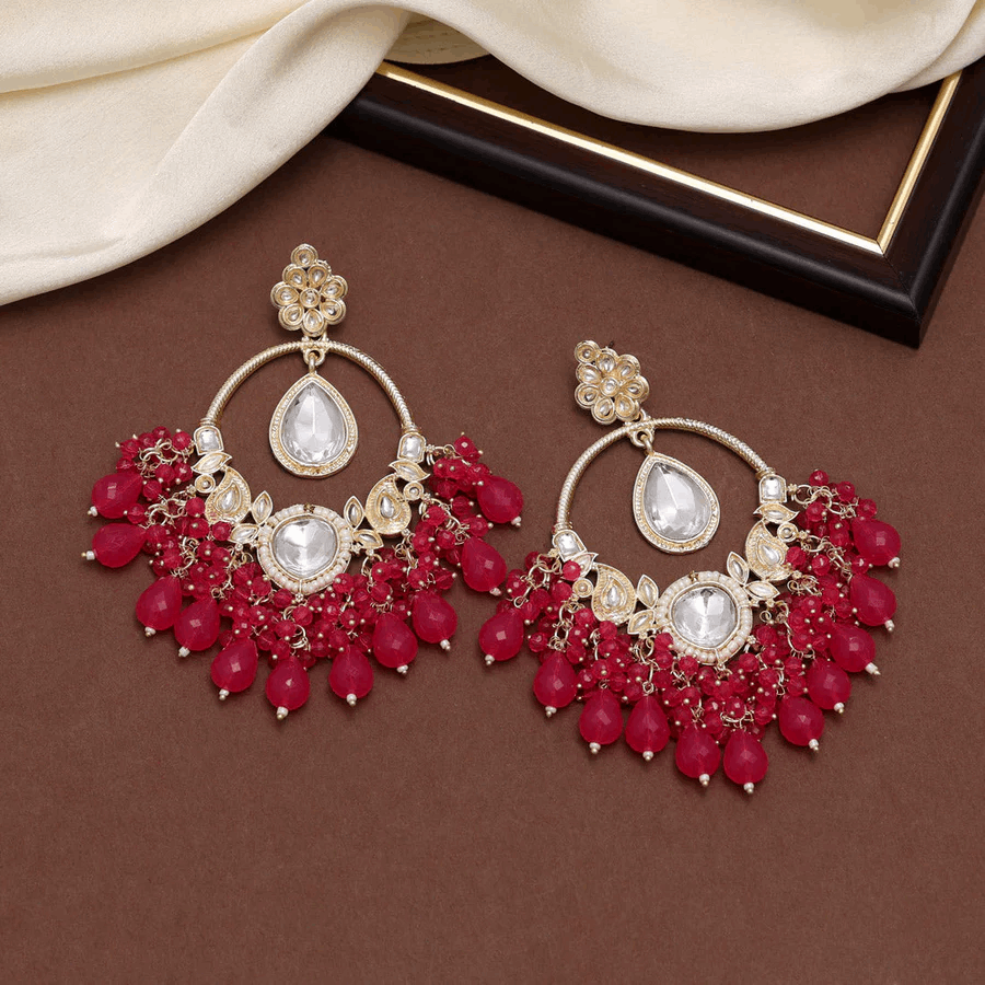 Dark Pink Color Kundan Earrings